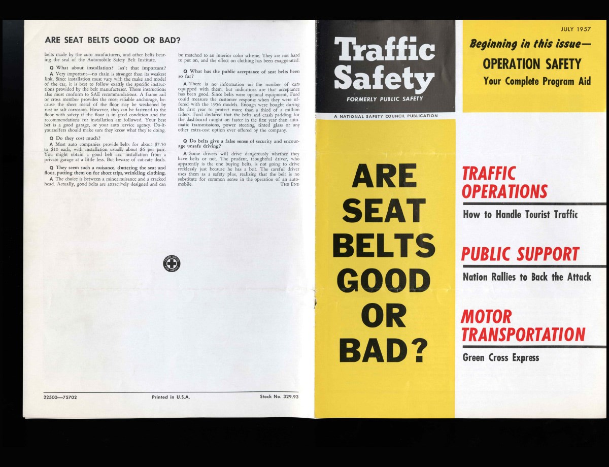 Cover of Traffic Safety asking “Are seat belts good or bad?” 